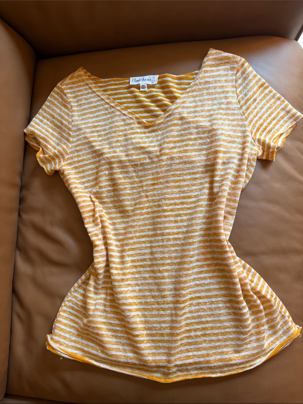 Distressed Striped V-Neck Tee in Yellow